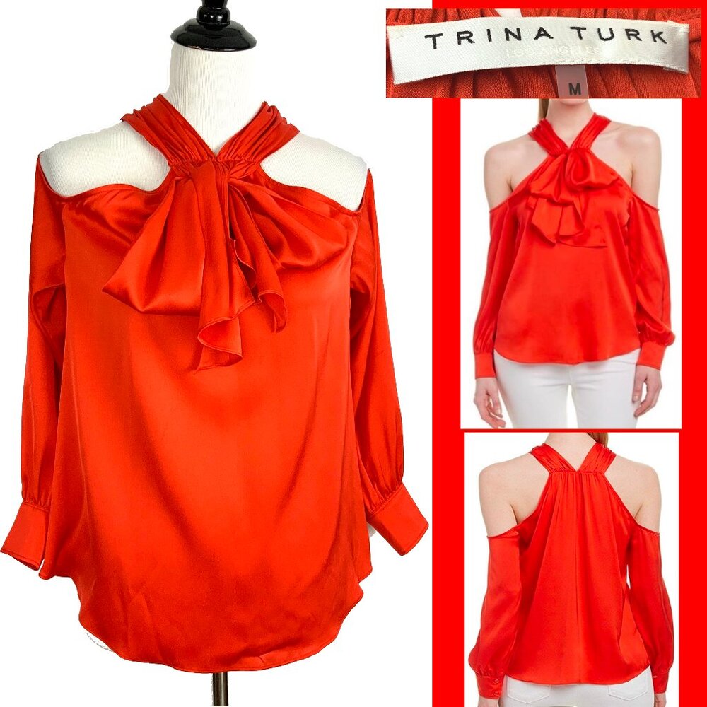 Trina Turk Silk Cold Shoulder Mitchell Scarlet Red Blouse​​ Medium - Picture 2 of 16